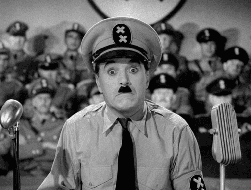 Charlie Chaplin as Adenoid Hynkel in The Great Dictator (1940).