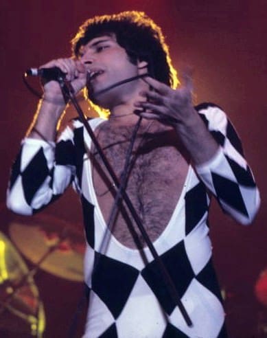 A man in a black and white jumpsuit sings into a microphone.