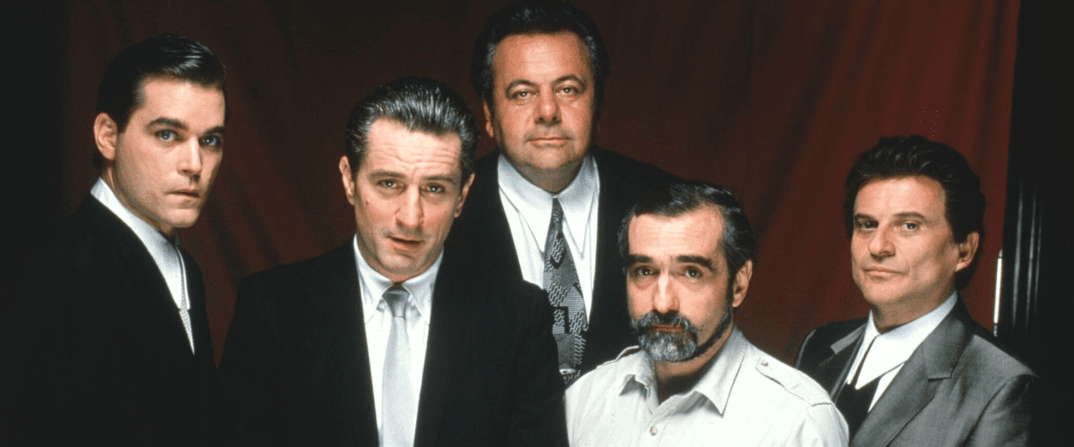 Director Martin Scorsese with Paul Sorvino, Robert De Niro, Joe Pesci, and Ray Liotta during the filming of his landmark crime masterpiece Goodfellas (1990).