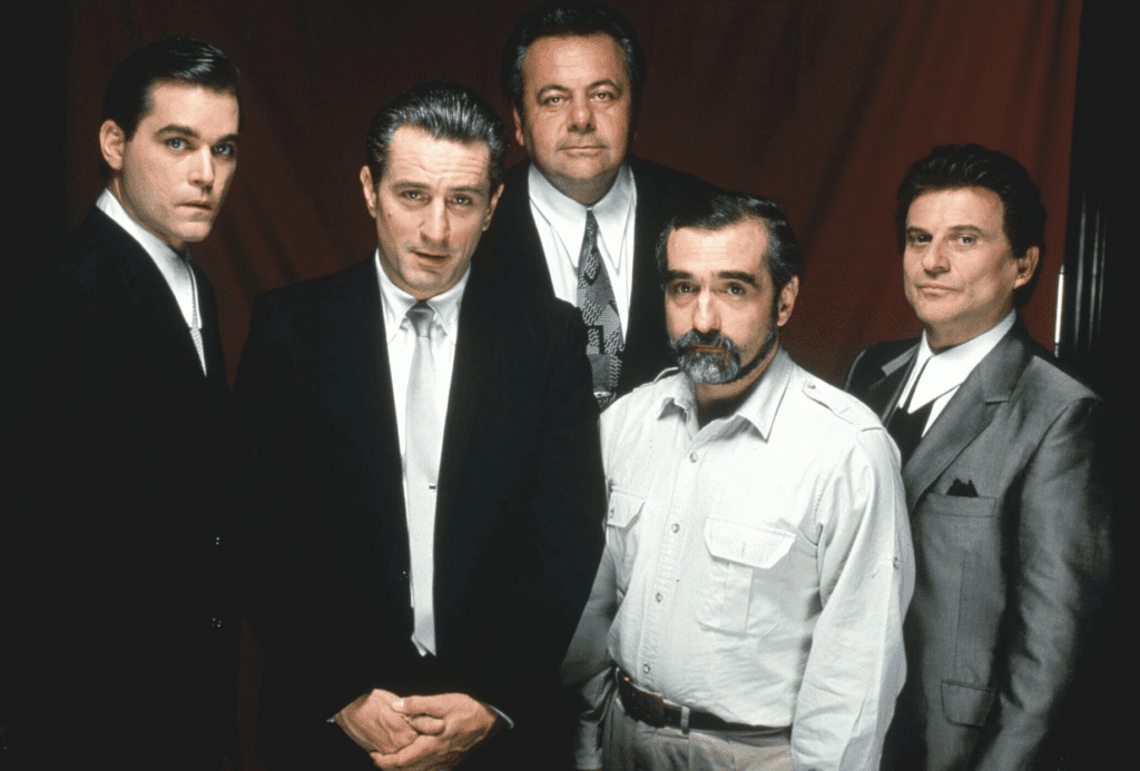 Director Martin Scorsese with Paul Sorvino, Robert De Niro, Joe Pesci, and Ray Liotta during the filming of his landmark crime masterpiece Goodfellas (1990). 